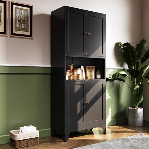 69"H Metal Storage Cabinet with Doors and Shelves,Tall Black Cabinets,Bathroom Storage Cabinet,Large Cabinets with Glass Doors and Adjustable Shelves,Cabinet for Bathroom, Living Room, Dining Room