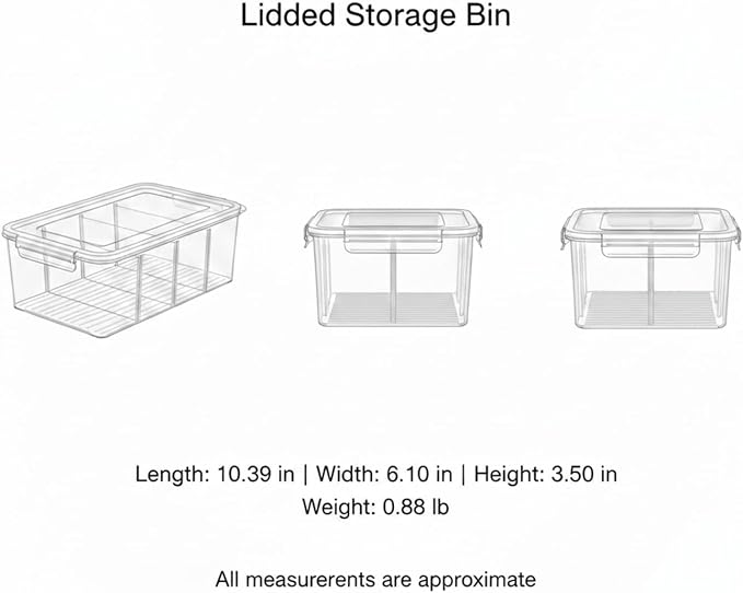 Durable PET Plastic Storage Bin with Lid and Dividers, Clear Organizer Box for Bathroom, Kitchen, and Office Desk, 10.4 x 6.1 x 3.5 Inches