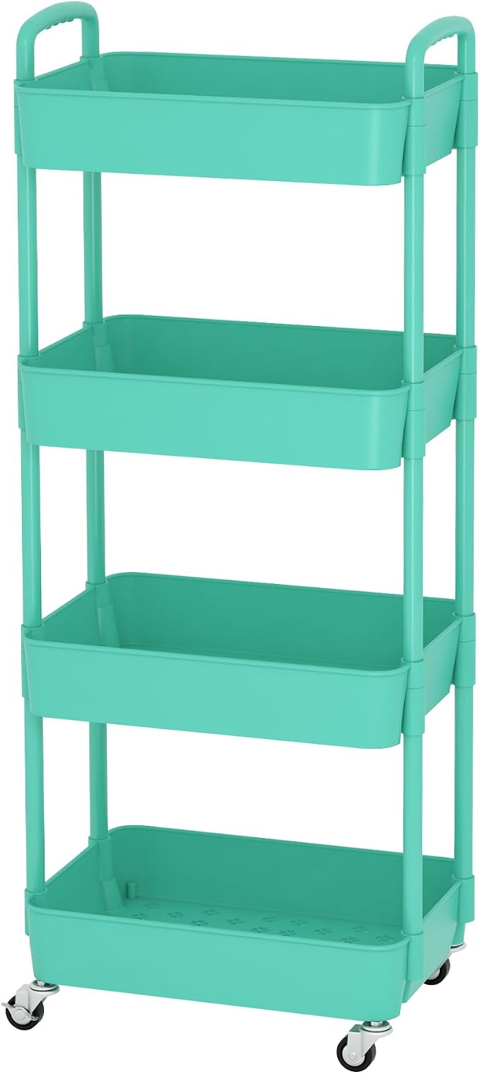 Sywhitta 4-Tier Plastic Rolling Utility Cart with Wheels for Storage,Green | Multi-Functional Storage Trolley, for Office, Living Room, Kitchen, Bathroom,Movable Organizer,Space-Saving,Easy to assemble