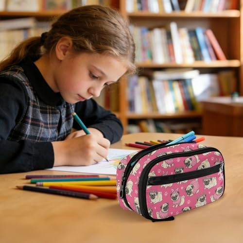Cute Pets Pugs Pink pattern Large Capacity Pencil Case with Zipper Water Resistant Portable Organizer Pen Bag for School Students Office