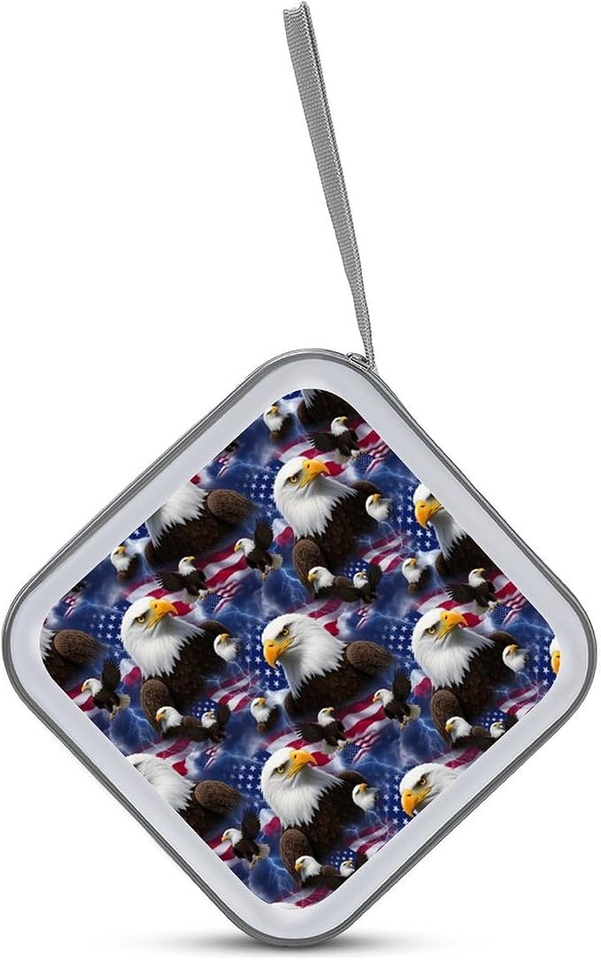 Hard Shell DVD Storage Binder American Flag Cool Bald Eagle, Holds 40 Discs, Portable Wallet with Carry Handle, Organizer for Car Home Office