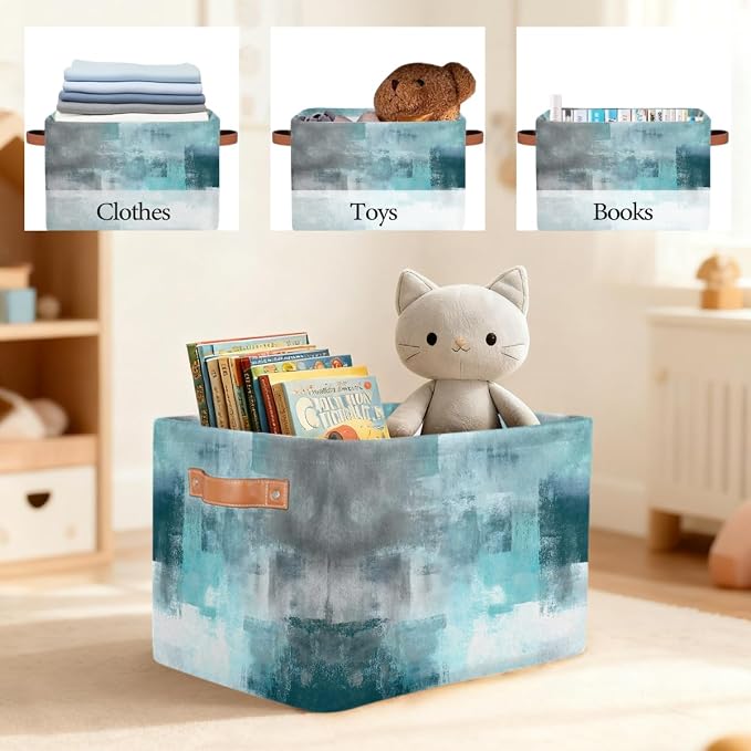 Pardick Storage Baskets Bin, Teal Grey Turquoise Collapsible Canvas Fabric Storage Bin Decorative Baskets Toy Organizer Rectangle Storage Boxes with handles for Home Shelves Nursery,Q-1