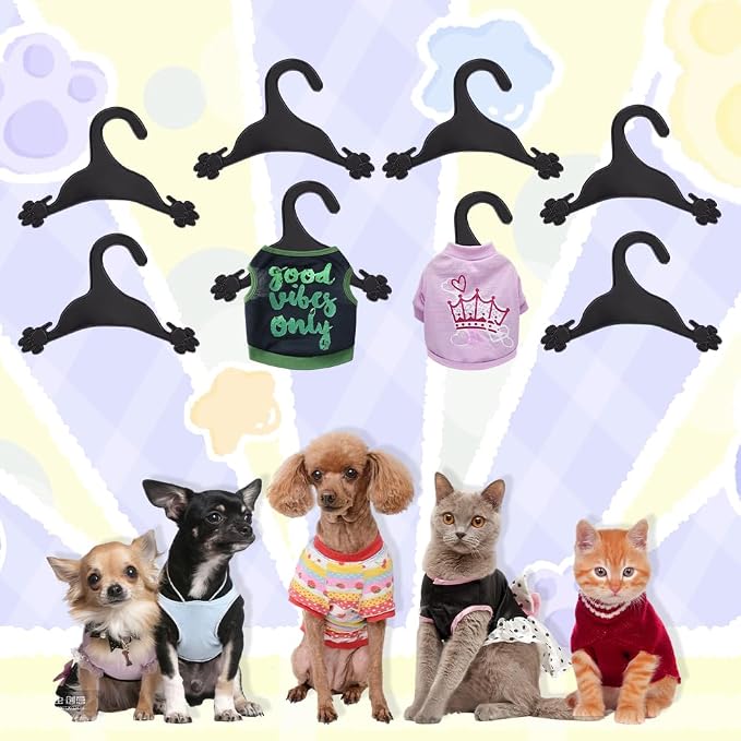 AHANDMAKER 20 Packs Pet Apparel Hangers, 7 Inch Wide Black Dog Clothes Hangers Cute Plastic Flexible Strong Paw Print Coat Hanger with Non-Slip Clips for Puppy Pet XS Small Dog Cat Puppy Pet Toddler