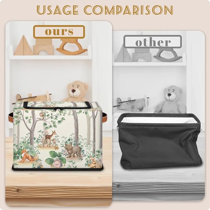 Woodland Wildlife Storage Basket - Cute Animals Party Bin Collapsible Organizer with Zipper Lid, Kid Rectangular Decorative Box with Handles, Nursery Toy Organization for Kids Bedroom Decor, 24L