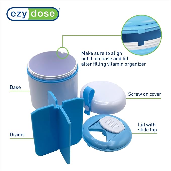 Ezy Dose Mini Vitamin Organizer, Multi Compartments, White & Blue, Large | Portable and Compact Design, Easy Access Sliding Pill Dispenser, Supplement Organizer with Anti-Mix Design, Travel Friendly