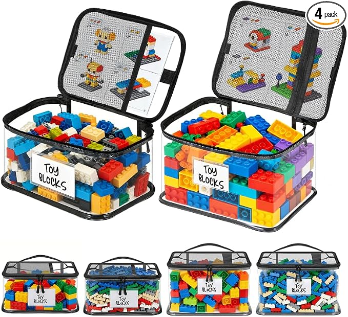 4 Mixed Pack Large Toy Storage Bags, Clear Toy Organizer with Labels | Waterproof PVC Toy Organization and Storage, Suitable for Storing Building Blocks, Puzzles, Dolls and Board Games