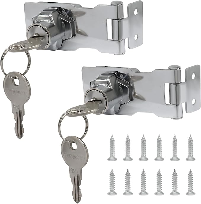 2 Pcs 2.5 Inch Hasp Lock, Silver | Metal Twist Knob, Keyed Locking, With Keys, With Screws, For Small Doors Cabinets Toolboxes Storage Units
