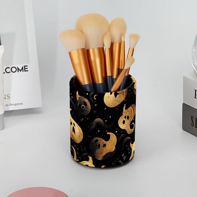 Faux Leather Pen Holder for Desk, Pencil Organizer Halloween Pumpkin Pen Cup Desk Decor Makeup Brush Holder Storage for Office Home