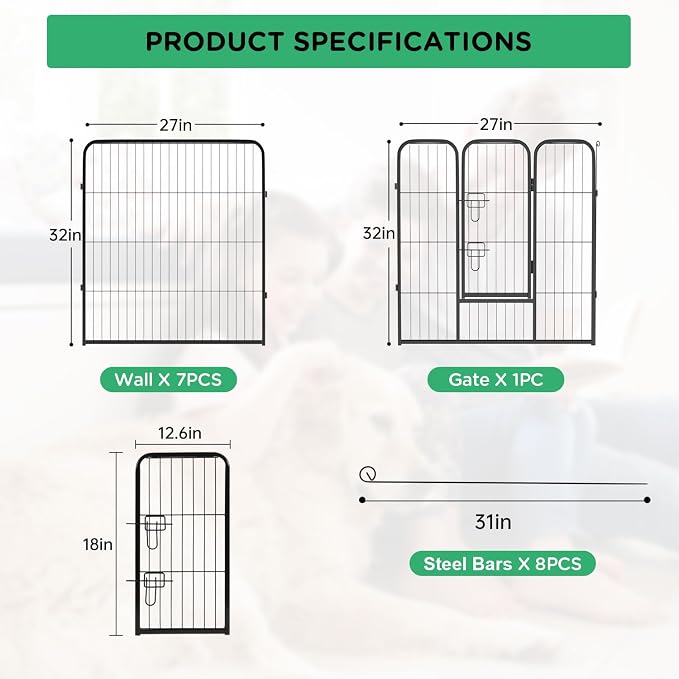 BestPet | Dog Playpen | 32 Inch, 8 Panels | Heavy Duty Metal Pet Exercise Pen | Indoor Outdoor Fence Panels | Rust-Resistant, Removable, Tool-Free Setup | Anti-Skid, Expandable Design