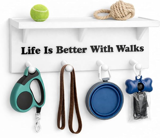 Dog Leash Holder for Wall with Shelf – 4 Hook Wall Mounted Organizer for Leashes, Harnesses & Accessories – “Life is Better with Walks” Entryway Pet Storage Rack