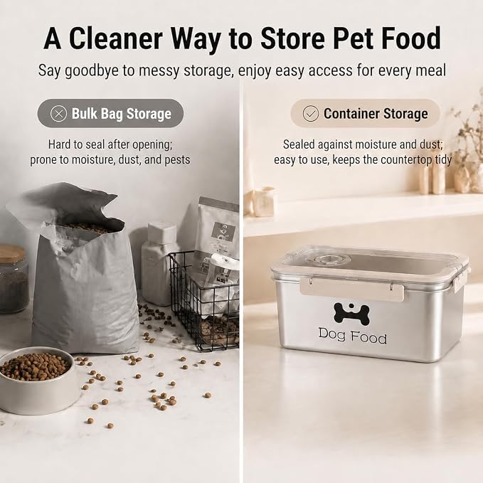 Airtight Dog Food Storage Container 6 QT / 5.8L, Stainless Steel Pet Food Bin with Clear Lid, Portable Dog Kibble Container with Handle - Hold 5.8L - Ideal for Pantry, RV Travel