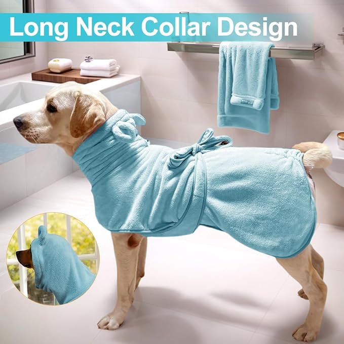 Medium to Large Size Dog Bathrobe, Quick Drying Super Absorbent, Warm Dog Towels, Adjustable Hoodies and Belts for Dog Bath Products (Blue, 3XL-Fit for 28 to 45 pounds)
