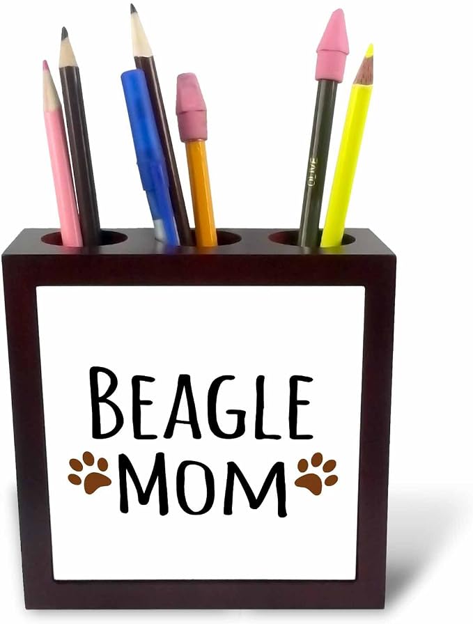 3dRose ph_154065_1 Beagle Dog Mom Doggie by Breed Brown Muddy Paw Prints Doggy Lover Proud Mama Pet Owner Love Tile Pen Holder, 5-Inch