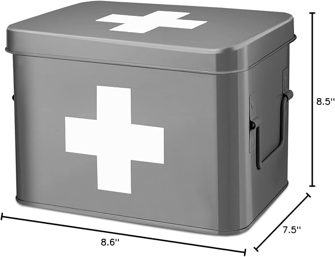 Flexzion Large Metal First Aid Box Empty, 8.5-Inch, Gray with White Cross | Vintage Medicine Box and First Aid Storage Organizer with Removable Tray and Dividers; Empty Box Only, Supplies Not Included