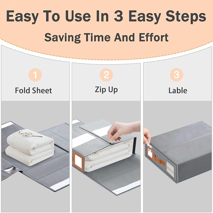 GhvyenntteS 12 Pack Bed Sheet Organizers and Storage, Sturdy Bed Sheet Organizer with Zipper and Handle, Foldable Linen Closet Organizers and Storage with Window and Label, Grey