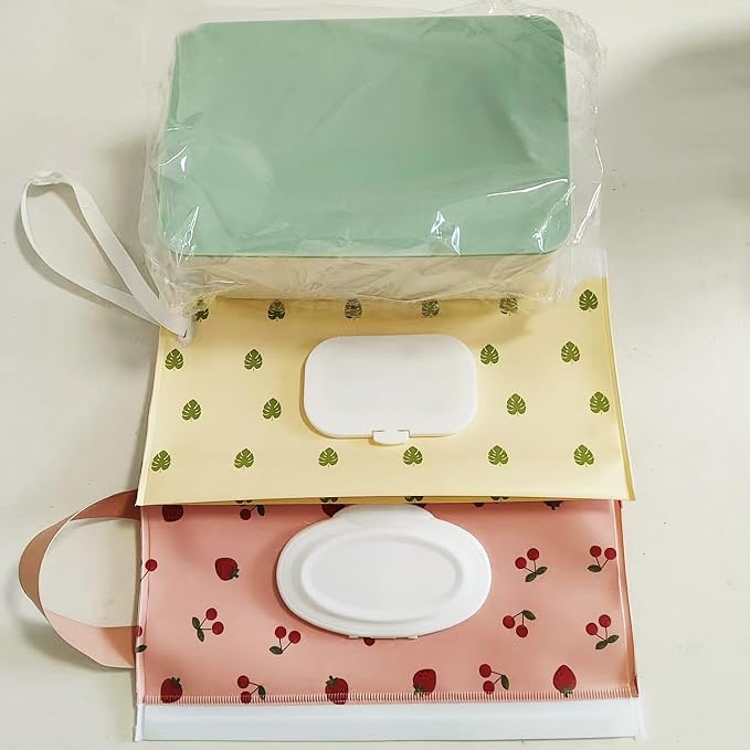 Wipes Dispenser Set,1 Wipe Box & 2 Portable Pouches,White-Green | Refillable Reusable Large Wet Wipe Holder, Flushable Wipes Case Bathroom Wipes Container for Pet Nursery Kitchen Office
