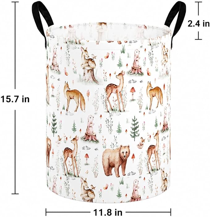 MAIZMZ Woodland Animal Storage Bin, Waterproof Lining Laundry Basket with Leather Handles for Kids Room, Gifts