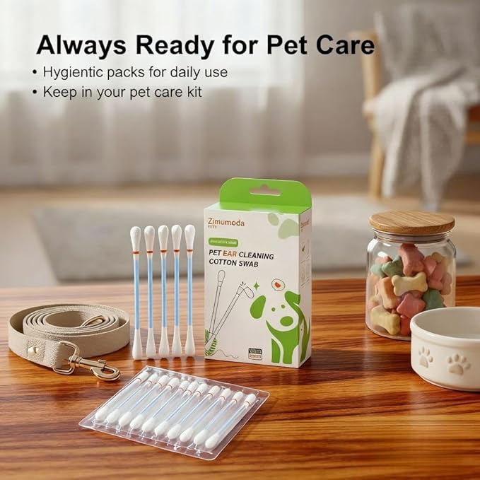 50 Pcs 2-in-1 Pet Ear Cleaning Cotton Swabs for Dogs & Cats - Essential Oil Infused Cat Ear Cleaner - Gentle Ear Wax Removal - Soothing Itch & Freshness - Individually Wrapped for Easy Use
