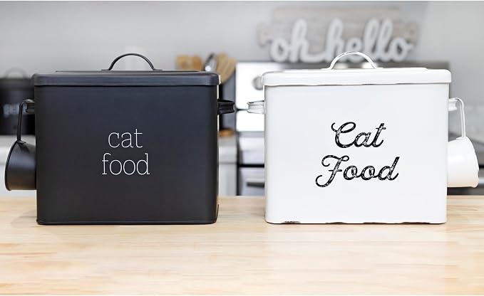 AuldHome Design Farmhouse Cat Food Container (Black) Enamel Look Rustic Cat Food Bin with Scoop