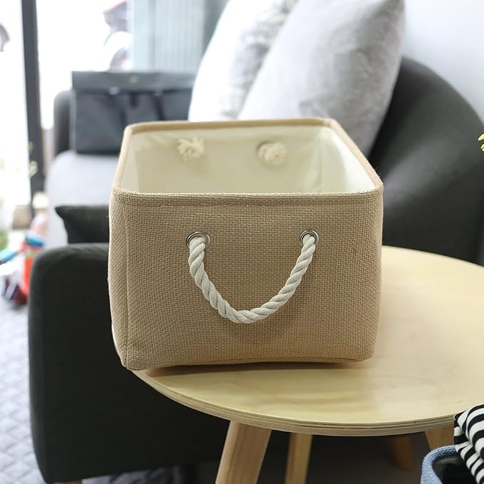 Decorative Basket Rectangular Fabric Storage Bin Organizer Basket with Handles for Clothes Storage (Beige, Medium-1Pack,13.8L*9.8W*6.7H)
