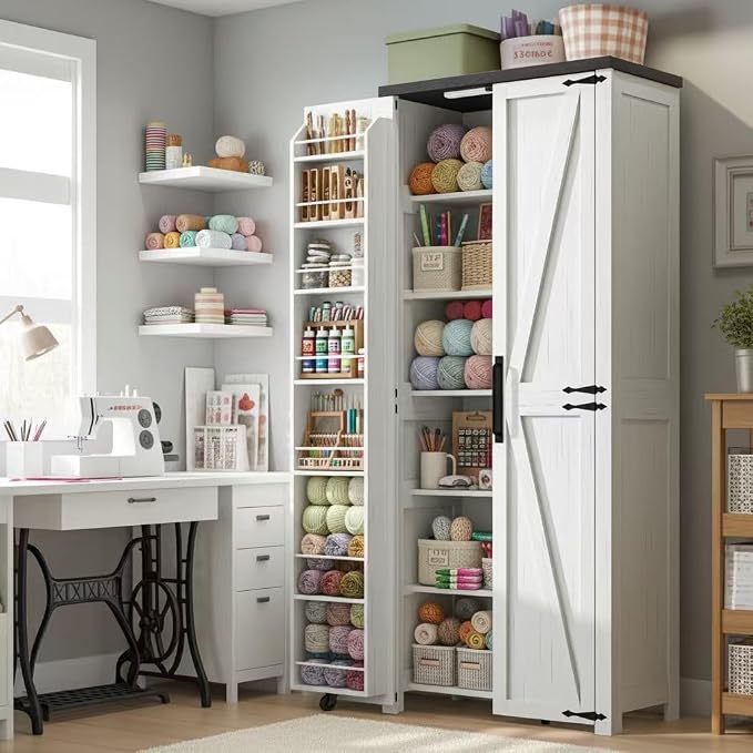 Furnaza Farmhouse 72" H Kitchen Pantry Cabinet with Adjustable Shelves | LED Craft Storage Cabinet Cabinet with 2 Barn Doors for Craft Room,Dining Room,Living Room,Home Office,16"D x 30"W