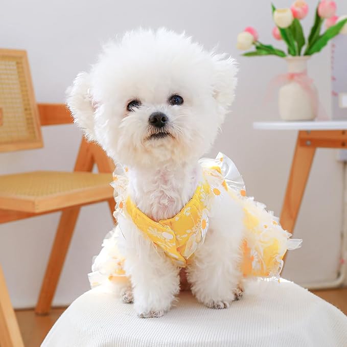 Yellow Small Dog Dress Female with Daisy Pattern Sleeveless Puppy Clothes for Girl Dog Outfit Bow Knot Cat Dresses Summer Pet Sundress Holiday Cat Apparel (Yellow, Large)