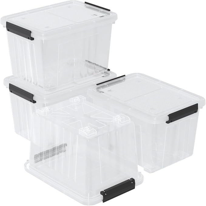 30 Quart Stackable Clear Plastic Storage Container Bin, 4 Packs | Latching Totes with Lids and Wheels for Organization