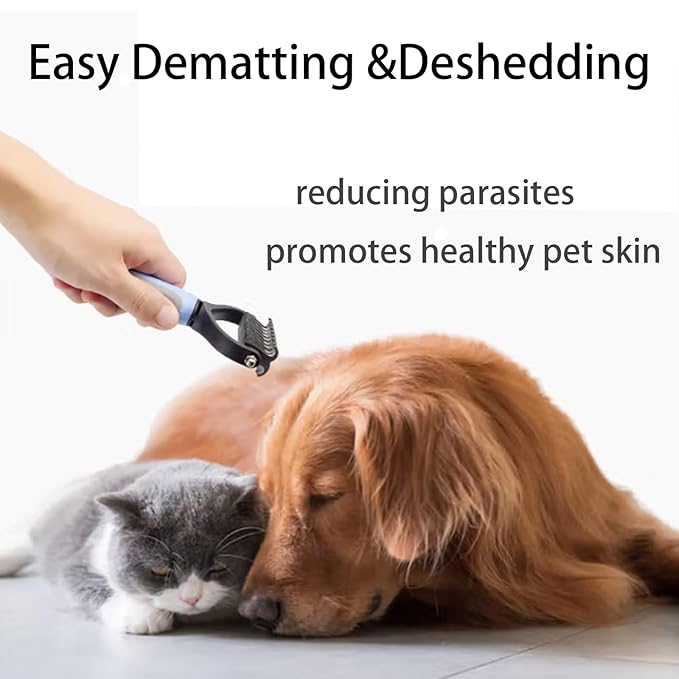 Pet Grooming Rake - Double-Sided Dematting Tool for Dogs & Cats - Extra-Wide Undercoat Rake for Long Hair Animals - Effective Deshedding Comb - Ergonomic Handle Included