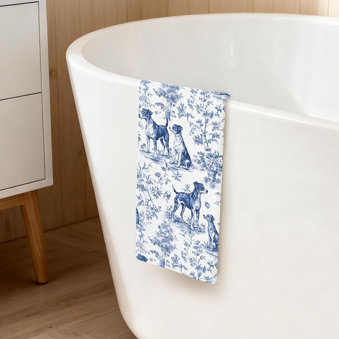 Jack Russell Kitchen Dish Towels,Blue and White Floral Dog Towel Dish Tea Towels, Chinoiserie Decor for Kitchen Bathroom,Jack Russell Terrier Gifts for Dog Lover Mom Dad,16x24 Inch