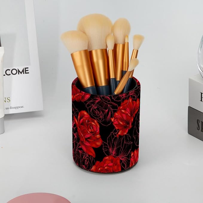 Pen Holder Red Blooming Rose Flowers Black Pencil Holder for Desk Makeup Organizer Office Supplies for Home,Kids and School