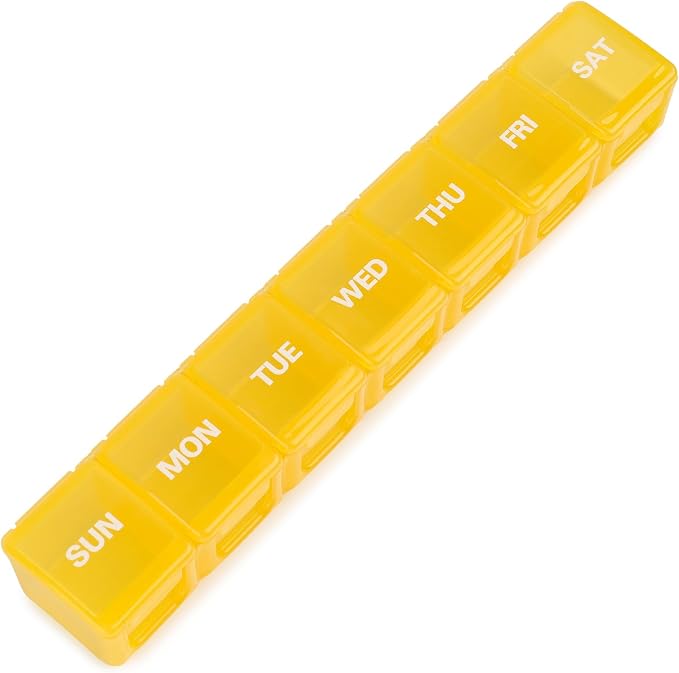 Sukuos Extra Large Daily Pill Organizer 7 Day, Easy to Open Weekly Pill Box Case, Portable Medicine Organizer with Clear Lid for Vitamins, Fish Oils or Supplements (Yellow)