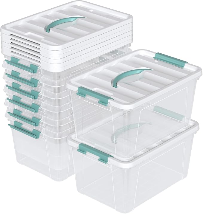 8-Pack 14 Quart Stackable Storage Bin, Plastic Box with Handle | Clear Plastic Containers for Pantry, Closet, Fridge, and Garage, Secure Snap Latches, Nesting Design