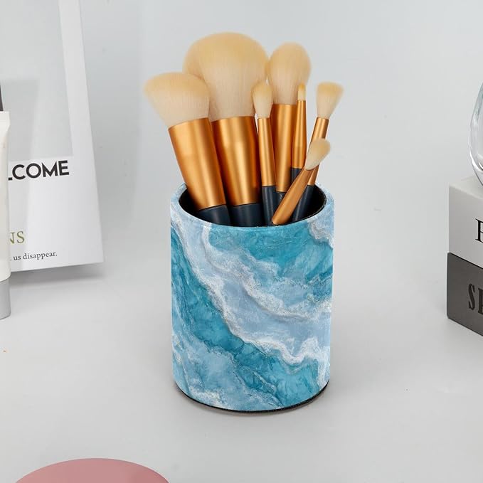 Faux Leather Pen Holder for Desk, Pencil Organizer Blue Marble Texture Pen Cup Desk Decor Makeup Brush Holder Storage for Office Home