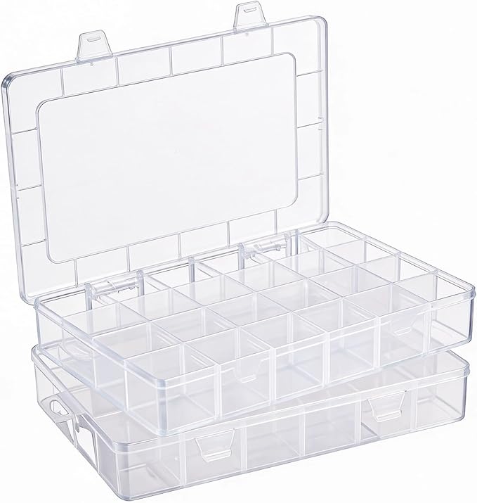 2 Pcs Plastic Organizer Boxes, Clear Storage Containers with 24 Grids, Adjustable Dividers, for Jewelry, Beads, Findings, Craft Supplies, Transparent Plastic Organizer Cases
