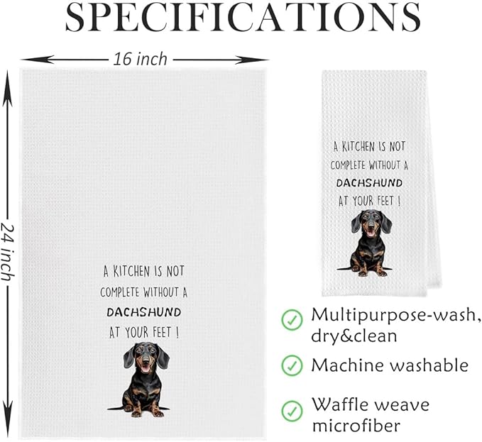 Funny Dachshund Dish Towels Set - Dachshund Gifts Waffle Weave Kitchen Towels, Wiener Dog Decorative Hand Tea Towels for Bathroom Kitchen, Wiener Dog Gifts for Women (16×24 Inches Set of 2)