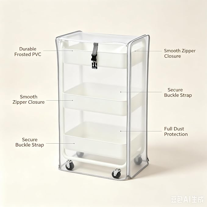 Utility Cart Cover Heavy Duty Dustproof Fits 17x13x31in Supply Cart | Frosted semi-transparent PVC cover keeps cart contents visible yet neat, moisture, and daily home clutter buildup