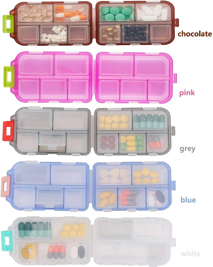 Pill Case (2 Pack) - Portable Small Supplements Tablet Container Box with 10 Compartments - Medicine Vitamin Organizer Dispenser Holder Storage for Travel Trip Pocket Purse(Blue+White)