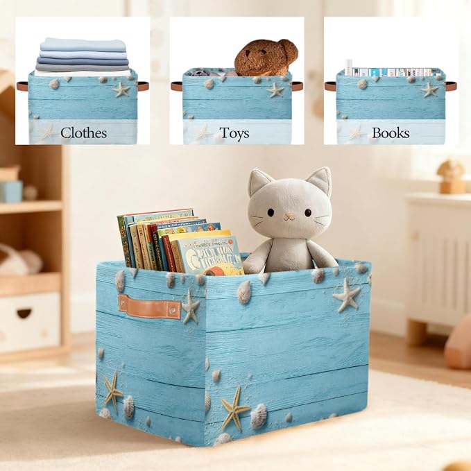 Pardick Storage Baskets Bin, Summer Wood Seashell Starfish Collapsible Canvas Fabric Storage Bin Decorative Baskets Toy Organizer Rectangle Storage Boxes with handles for Home Shelves Nursery,A-6