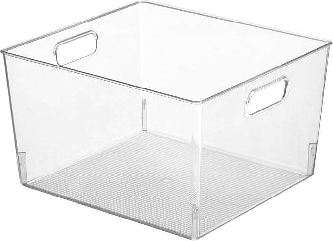 mDesign Large Modern Stackable Plastic Storage Organizer Bin Basket with Handles for Bathroom Vanity Organization - Shelf, Cubby, Cabinet, or Closet Organizing Decor - Ligne Collection - 4 Pack, Clear
