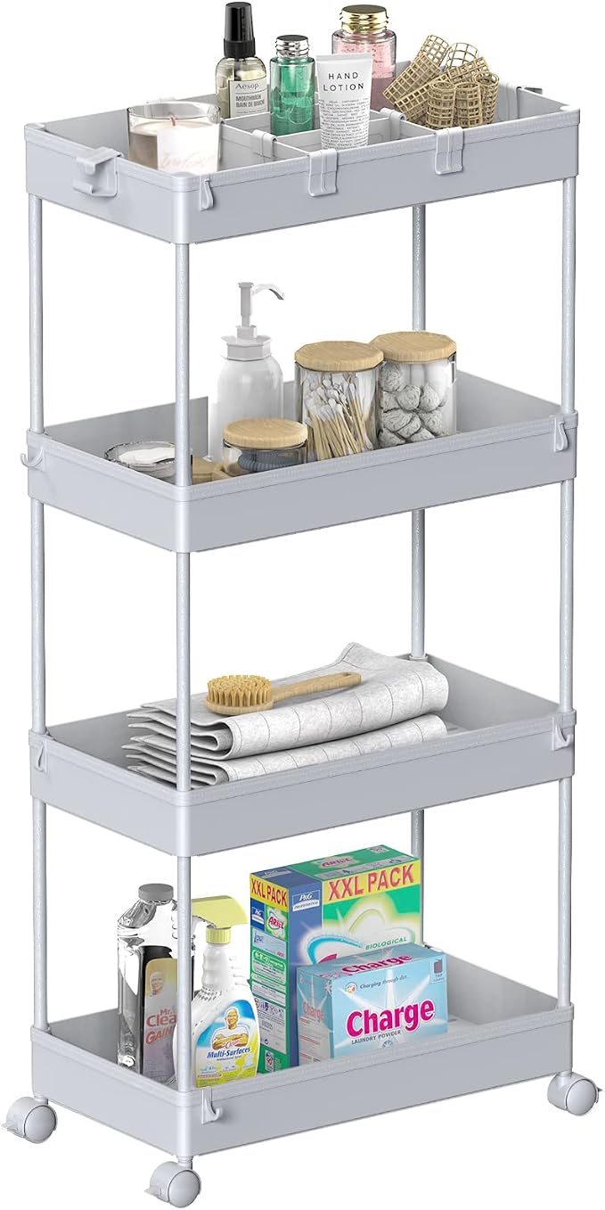 4 Tier Rolling Cart with Wheels, Storage Craft Art Trolley Organizer Serving, 3 Hanging Baskets Easy Assembly, for Office, Living Room, Kitchen
