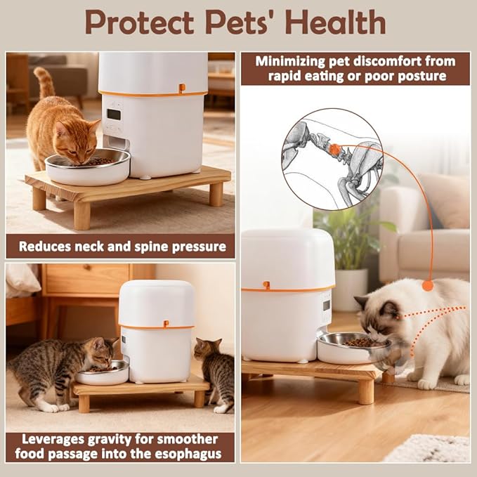 SZEE Cat Food Stand for Automatic Feeder & Tradition Bowls, Elevated Cat Food Table Station, Raises Feeder/Bowl by 6cm, Premium Solid Wood Material, Relieves Spine and Joints Noticeably on Pets