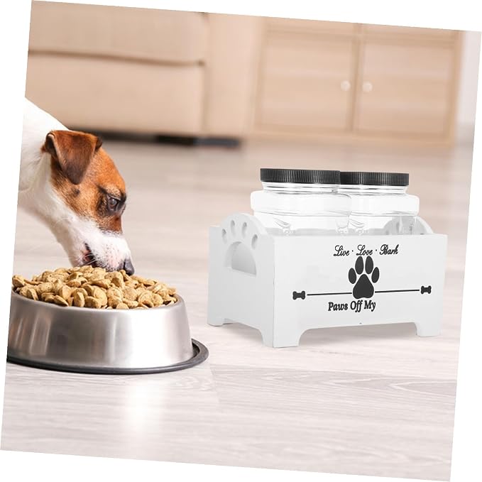 SEWACC Wooden Dog Food Storage Container with Airtight Jars Pet Treat Organizer Box for Home Kitchen Sturdy Pet Food Crate with Divider White Set