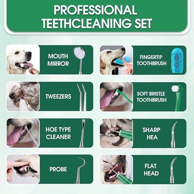 Dog Teeth Cleaning Kit with Pet Oral Spray, Dog Dental Care-Plaque Remover for Teeth, Cleans and Relieves Tooth Sensitivity, Universal for Dogs & Cats, Dark Green