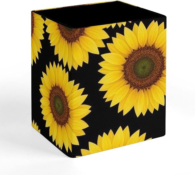 Pen Holder for Men Women, Floral Black Yellow Flowers Sunflower Pen Pencil Organizer Box Makeup Brush Holder Office Supplies Desk Accessories