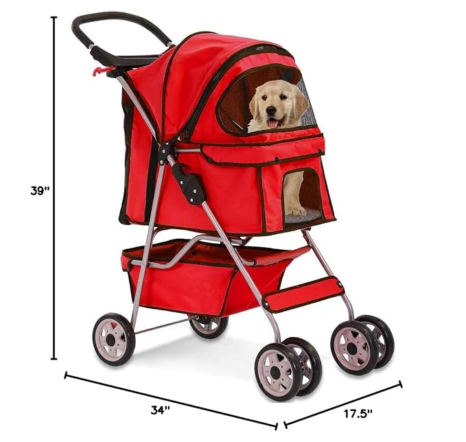Dog Stroller Pet Stroller Cat Strollers Jogger Foldable Travel Carrier 35Lbs Capacity Doggie Cage Durable 4 Wheels Strolling Cart with Cup Holders and Removable Liner for Small-Medium Dog, Cat - Red