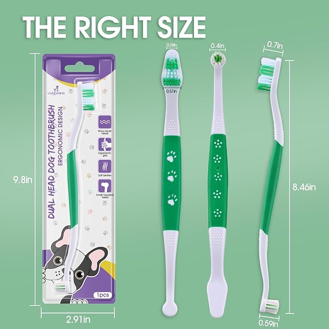 Dog Toothbrush – Newly Upgraded Dual-Head Design with 60° Wavy Bristles – Gently Surrounds Teeth for Deep Cleaning and Plaque Removal – Non-Slip Handle, Ideal for Daily Pet Dental Care (Green, 1-Pack)