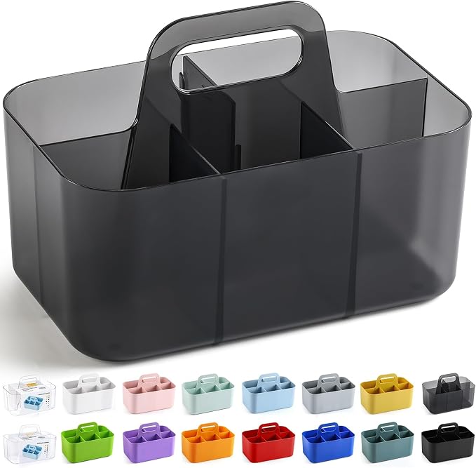 Multiuse Caddy Organizer with Handle, Portable Plastic Tote Bin - Art Craft, Stationary Pen Marker Crayons, Makeup Hair Supplies Storage - Bathroom, Classroom, Dorm, Office, Desk Holder - Clear Black