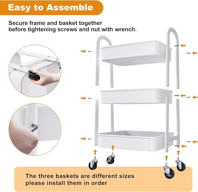 3 Tier Metal Rolling Cart Organizer, White Utility Storage Carts on Wheels | Three Tiered Bedside Carts for Baby Essentials, Utility Roller Shelf for Snack, Art, Cleaning, Craft, Diaper Caddy, Book