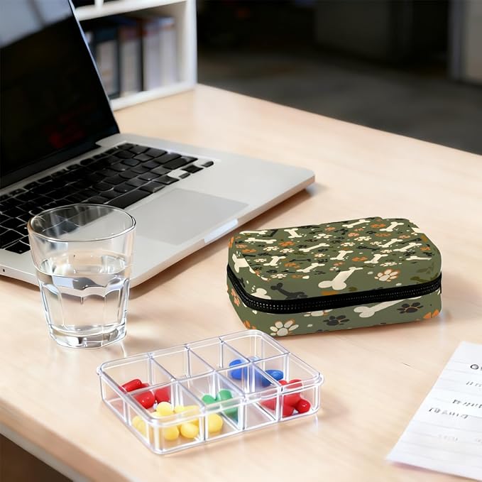 Weekly Pill Organizer Travel Size Bag with Removable 7 Day Pill Box Portable Vitamin Case Purse with Zipper,Olive Pet Paws Bones