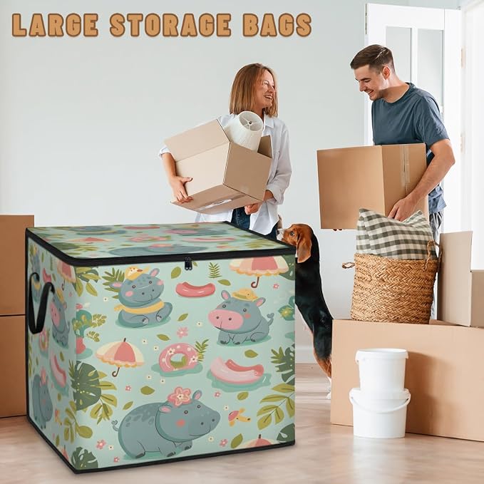 Hippopotamus Large Storage Bags, Fabric Bed Storage Containers, Foldable Closet Organizers for Blanket, Clothing, Comforter, Bedding, Tropical Theme